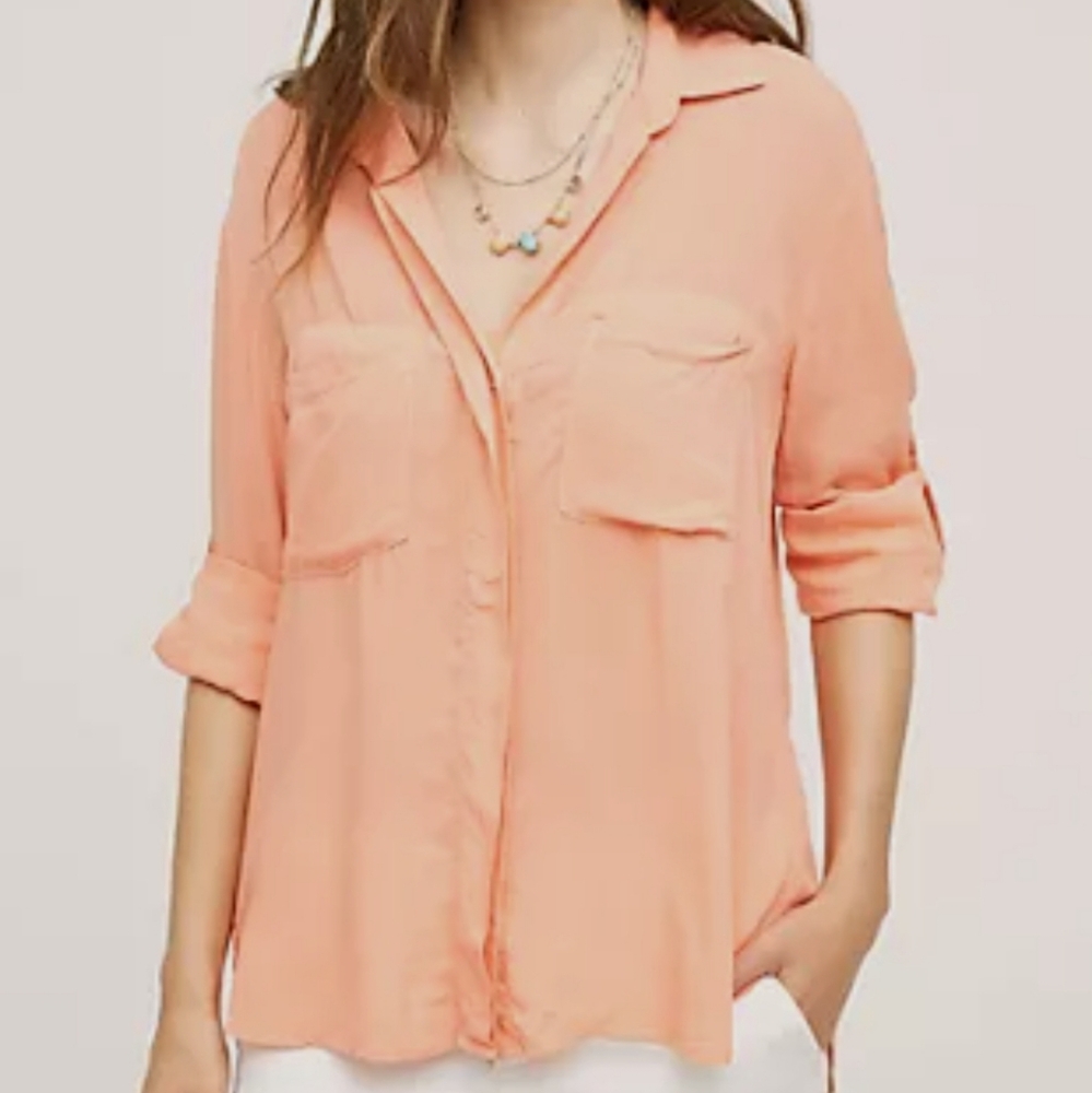NWT DKNY Roll Tab Sleeve Button Front Shirt Peach Size M